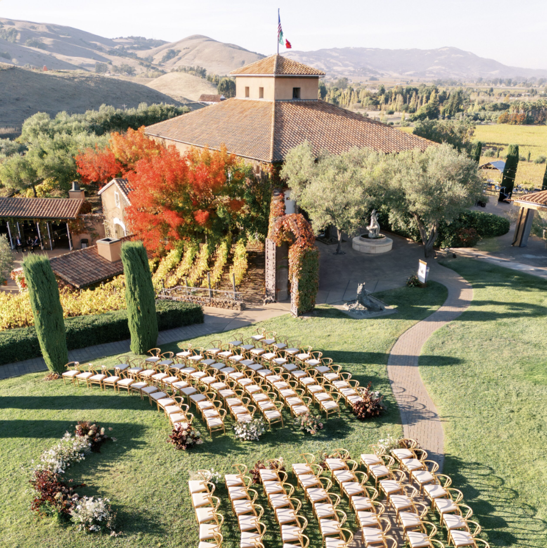 Ceremony chairs lined up overlooking the vineyards